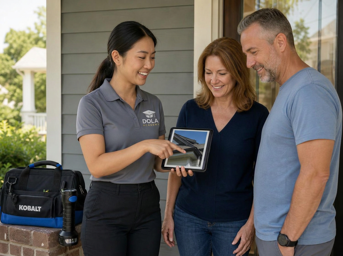 A young inspector in a Dola Academy branded polo showing roof inspection photos on a tablet to two smiling homeowners on their front porch