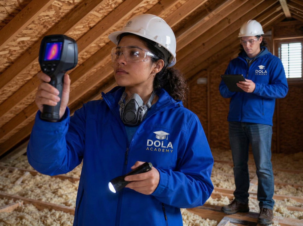 A young inspector in a hard hat and Dola Academy branded jacket scanning attic framing with a thermal camera while a colleague records findings on a tablet