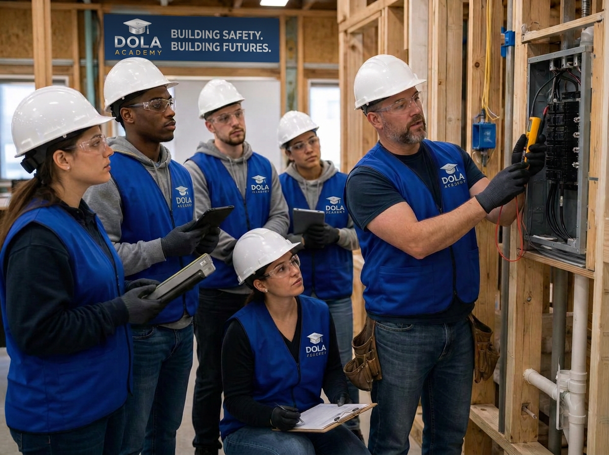 Diverse adult learners in Dola Academy branded polos practicing inspection techniques with instructors in a training lab