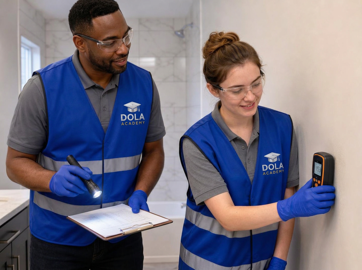 A mentor inspector in a Dola Academy branded vest holding a checklist while a newer inspector takes a moisture reading on a bathroom wall